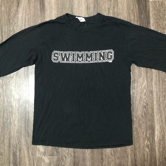 Gildan Heavy Cotton Black "SWIMMING" Long Sleeve T-Shirt - Size M - Picture 1 of 6